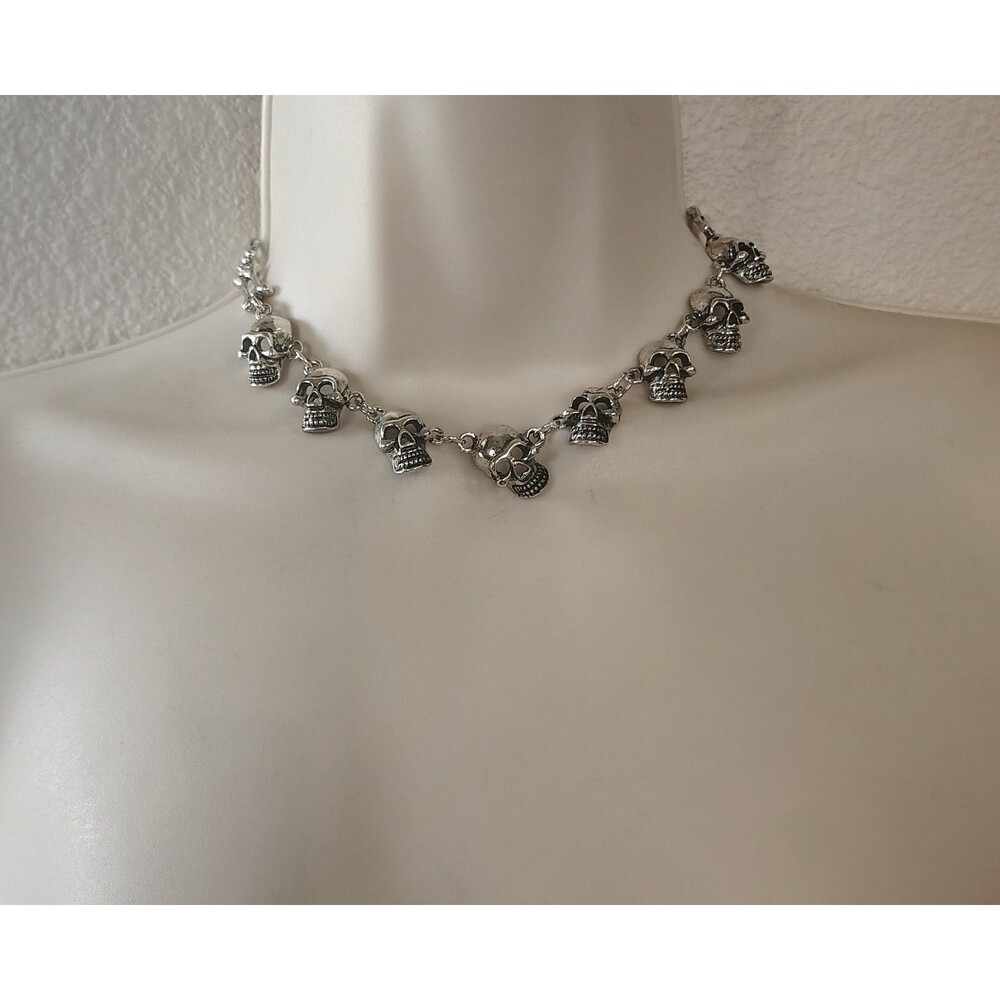 Gothic SilverTone Choker Skull Chain Necklace Punk Metal Goth Emo